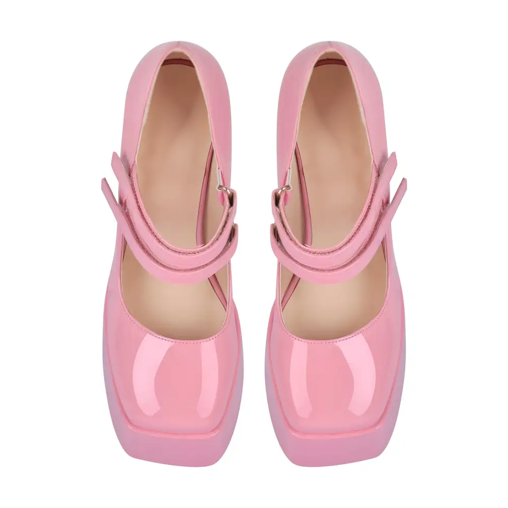 Modern Patent Finish Square Toe Platform Chunky Heel Pumps
