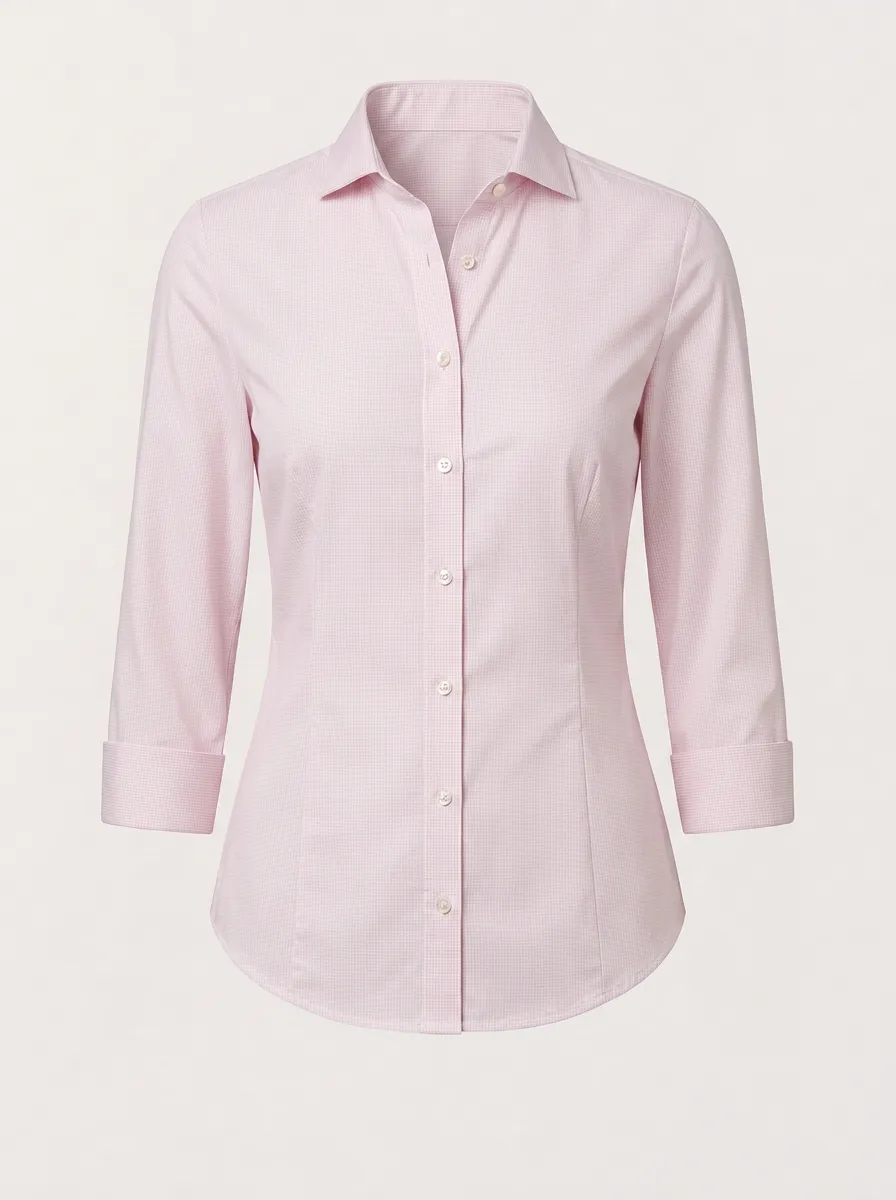 Women's Pink Gingham Patterned Three-Quarter Sleeve Button-Down Shirt