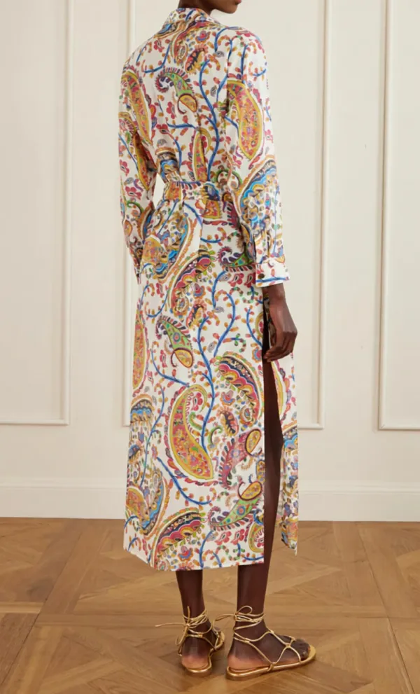 Casual Tie Waist Paisley Print Shirt Midi Dress