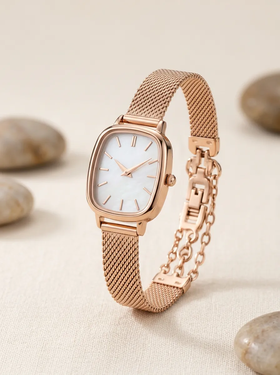 Rose Gold Mesh Strap Watch With Mother-of-pearl Dial
