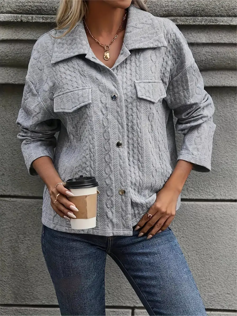 Textured Knit Button-up Jacket