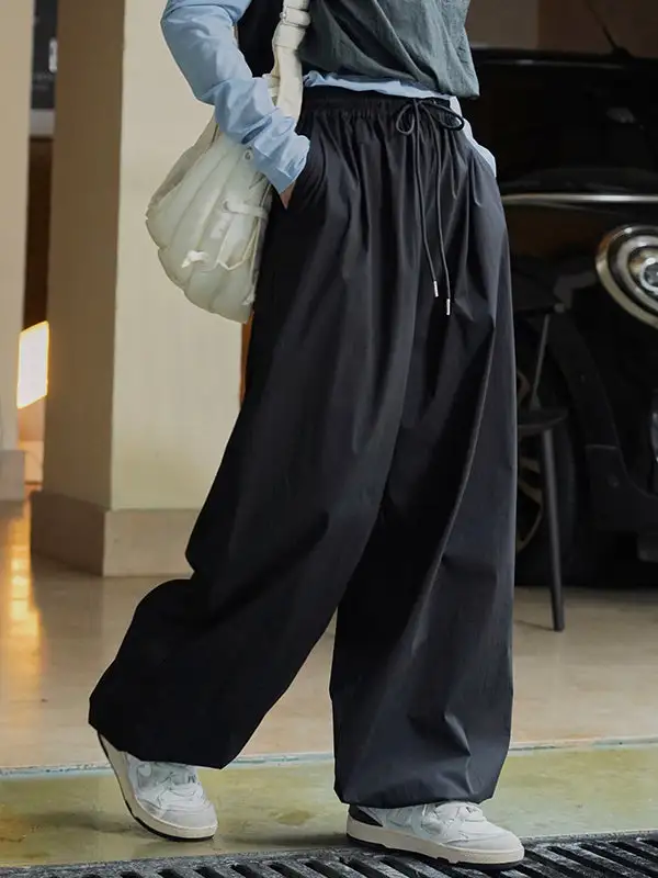 Women's Loose Fit Drawstring Pleated Patchwork Pants