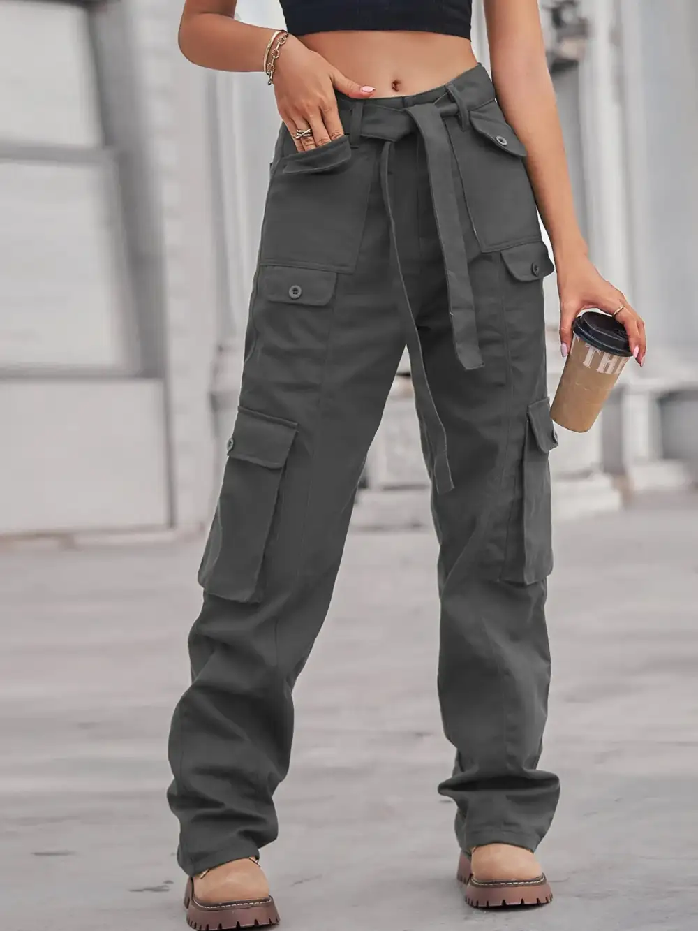 High Waist Cargo Pocketed Denim Jeans