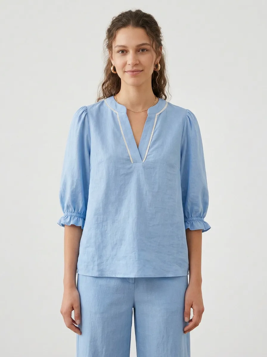 Puff-Sleeve Short-Sleeve Ruffle-Detail Women's V-Neck Shirt