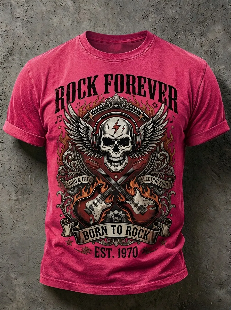 Men's Rock Music Lover Skull Guitar Wings Printed T-shirt