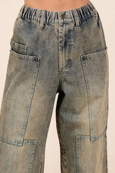 Wide Leg Pocketed Washed Denim Jeans