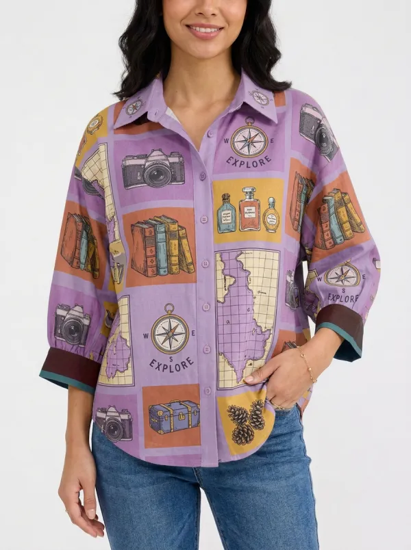 Women's Travel Lover Camera Map Compass Printed Shirt