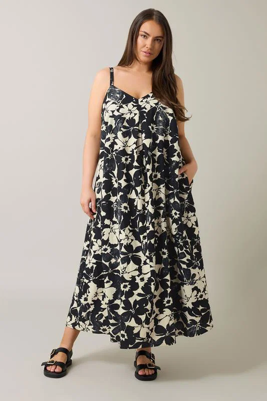 Black Floral Print Pleat Front Linen Dress detail 2