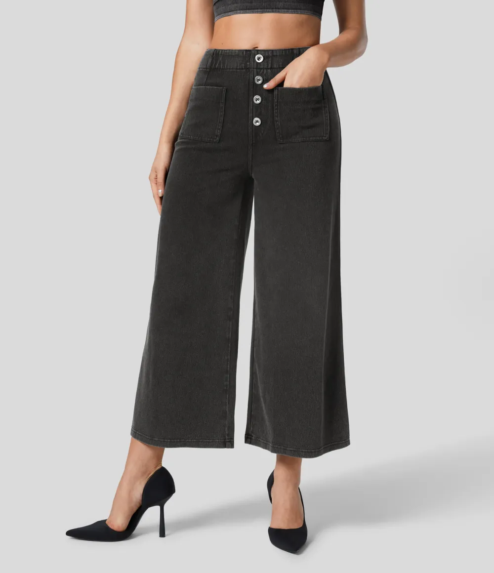 Magic High Waisted Button Pockets Washed Stretchy Knit Casual Wide Leg Jeans