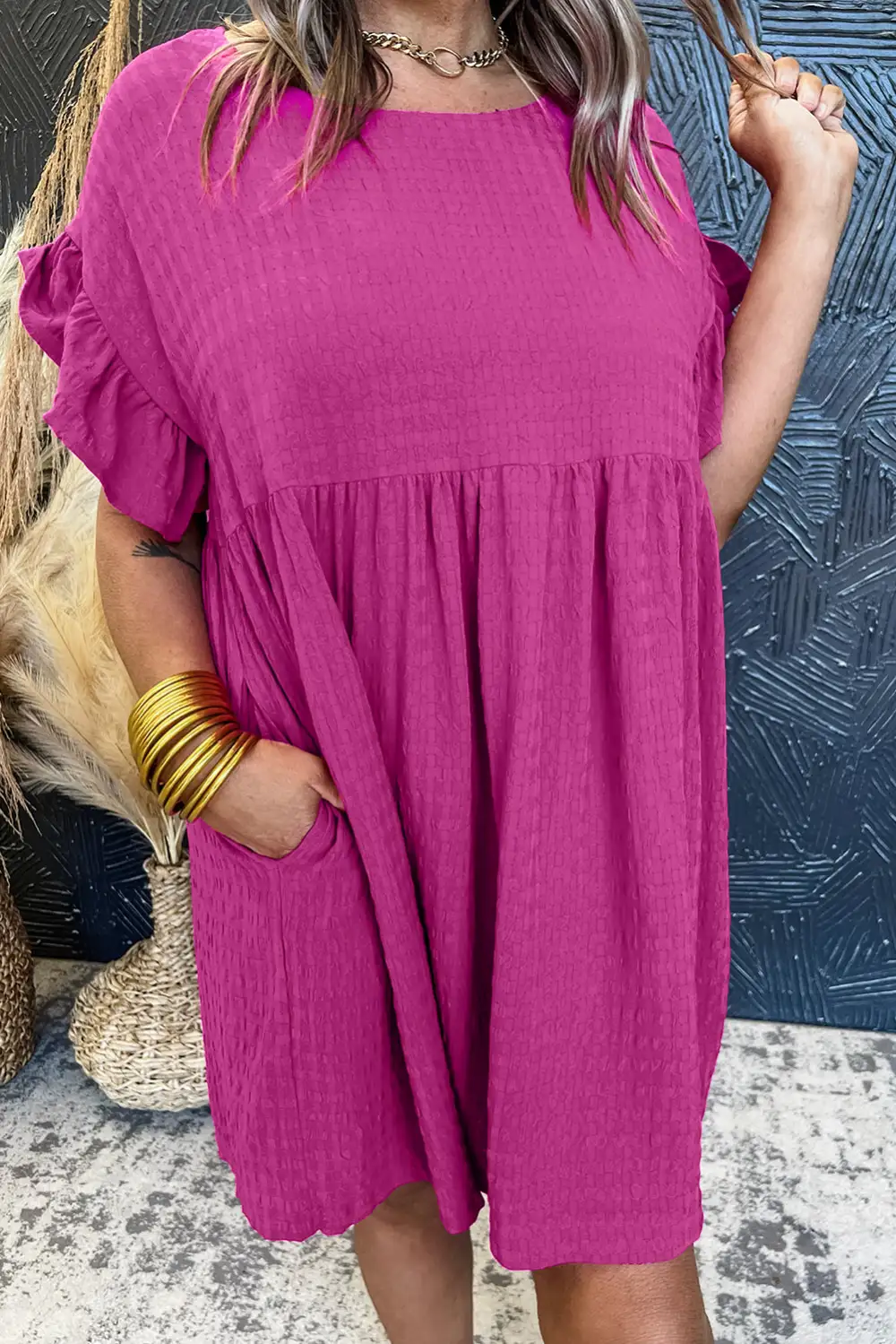 Textured Ruffled Short Sleeve Mini Dress