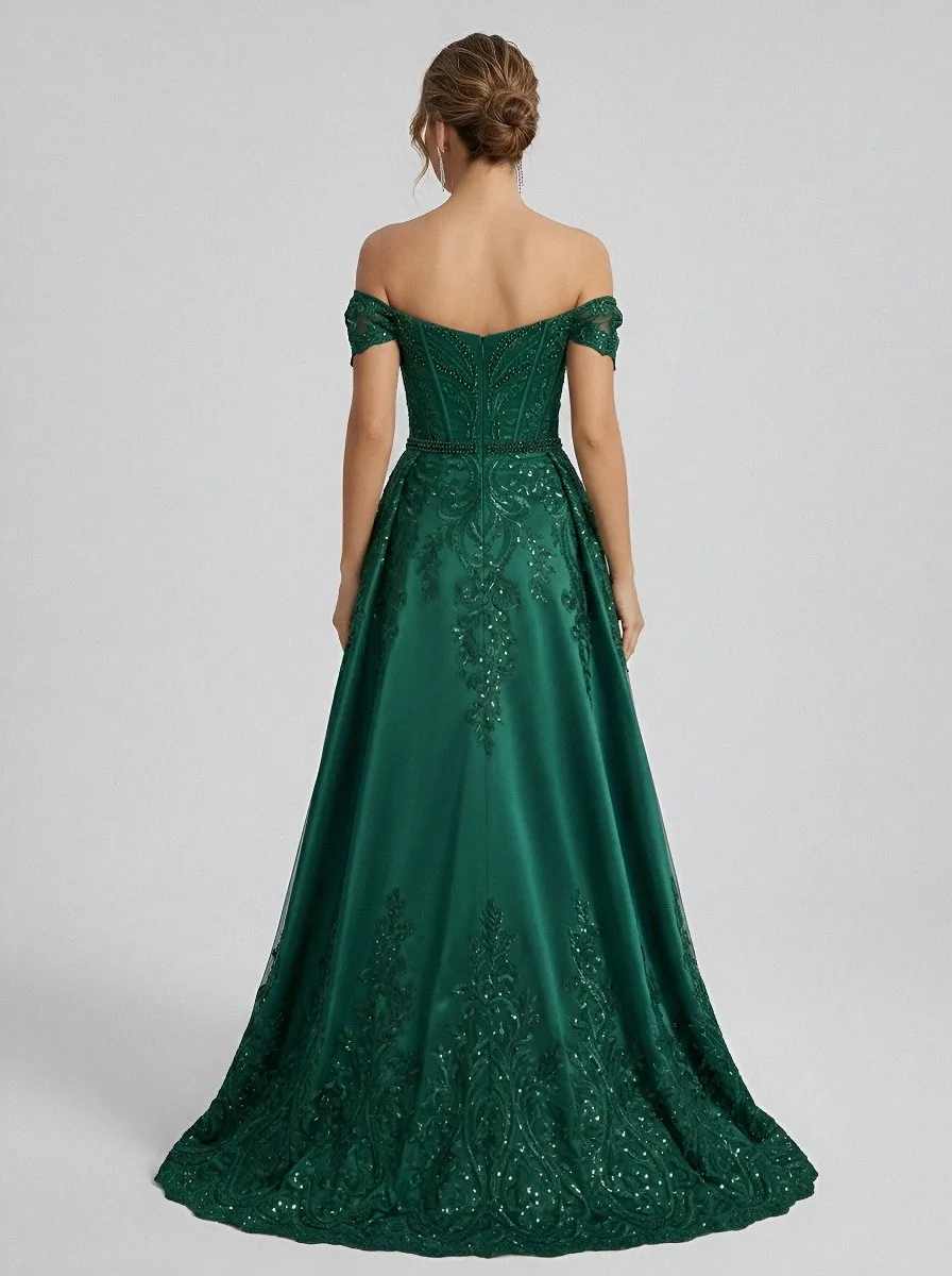 Women's Off-Shoulder Sequin Lace Embroidered Slit Evening Gown