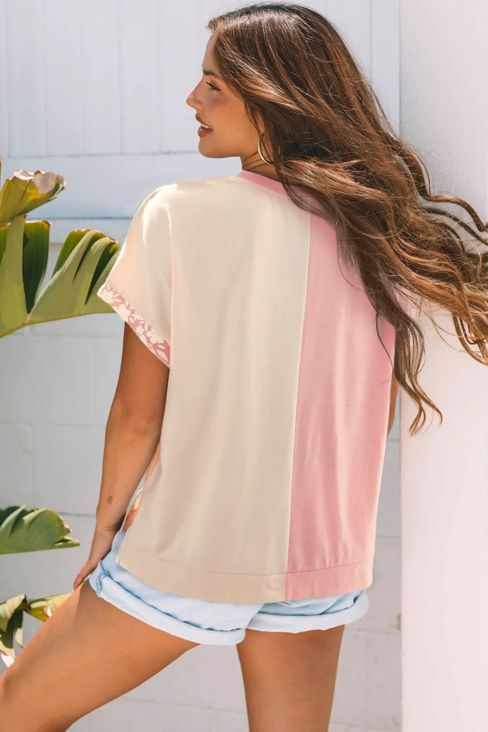 Apricot Block Flower Patched Loose Tee