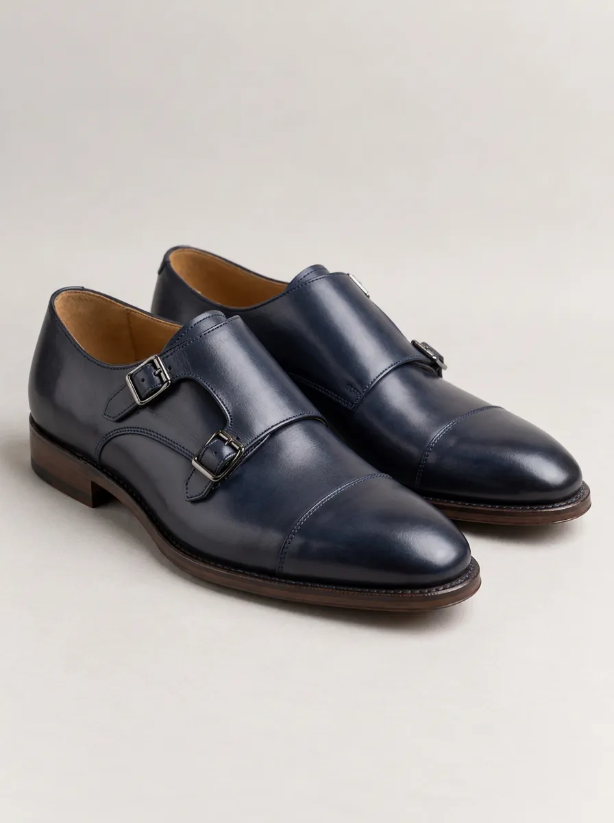 Men's Navy Monk Strap Dress Shoes with Leather