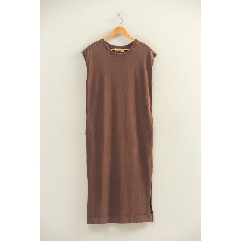 Chocolate Mineral-Wash Cap Sleeve Midi Dress