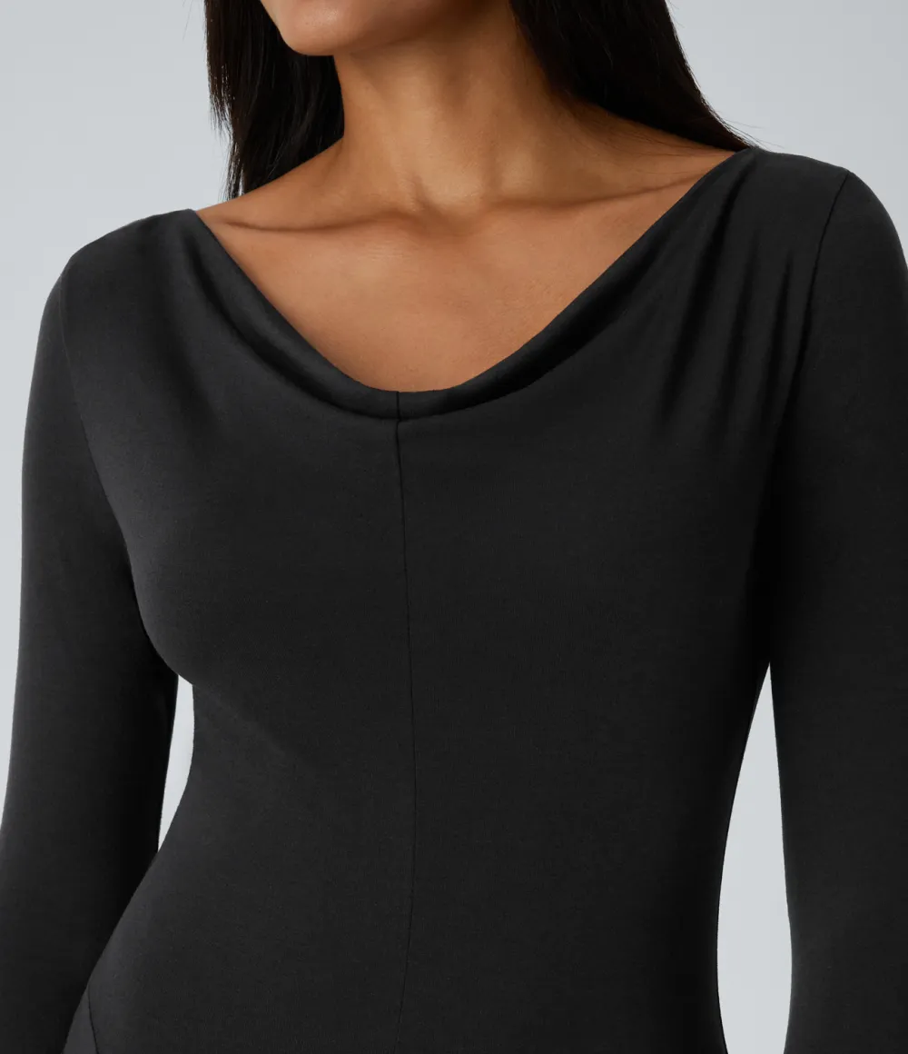 Cowl Neck Long Sleeve Flowy Flare Maxi Casual Dress