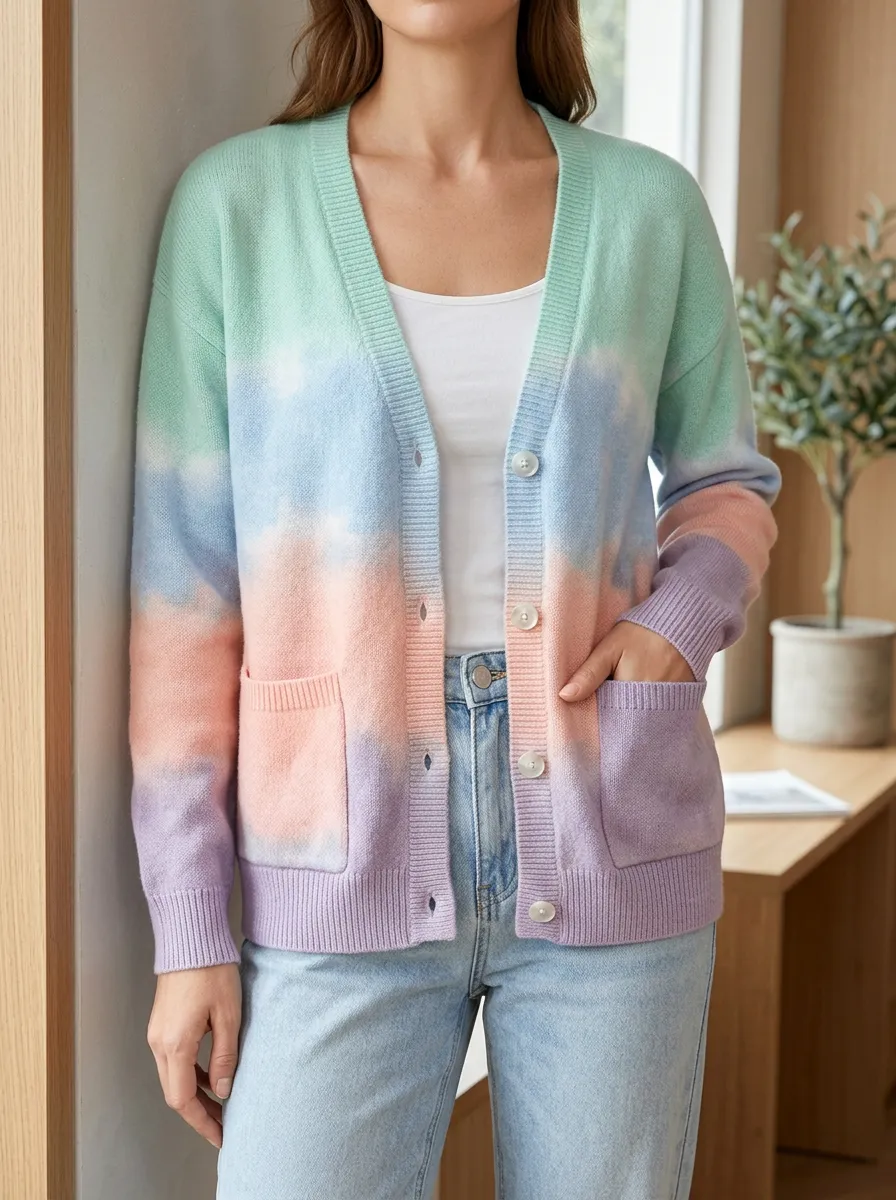 Women's Pastel Tie-Dye Patterned Button-Down V-Neck Relaxed Layering Cardigan
