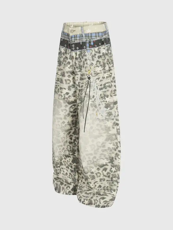 Barrel-Leg Leopard Star-Graphic Denim Pants