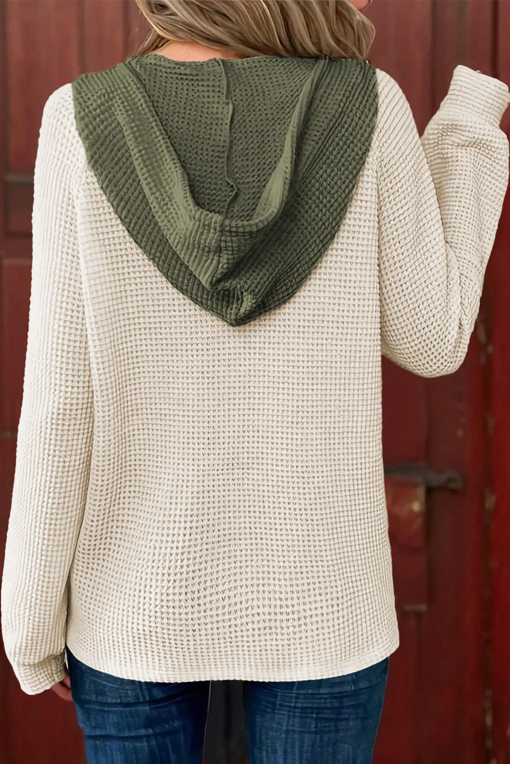 White Waffle Contrast Half Buttoned Pullover