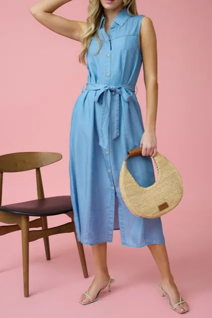 Collared Sleeveless Belted Chambray Midi Dress