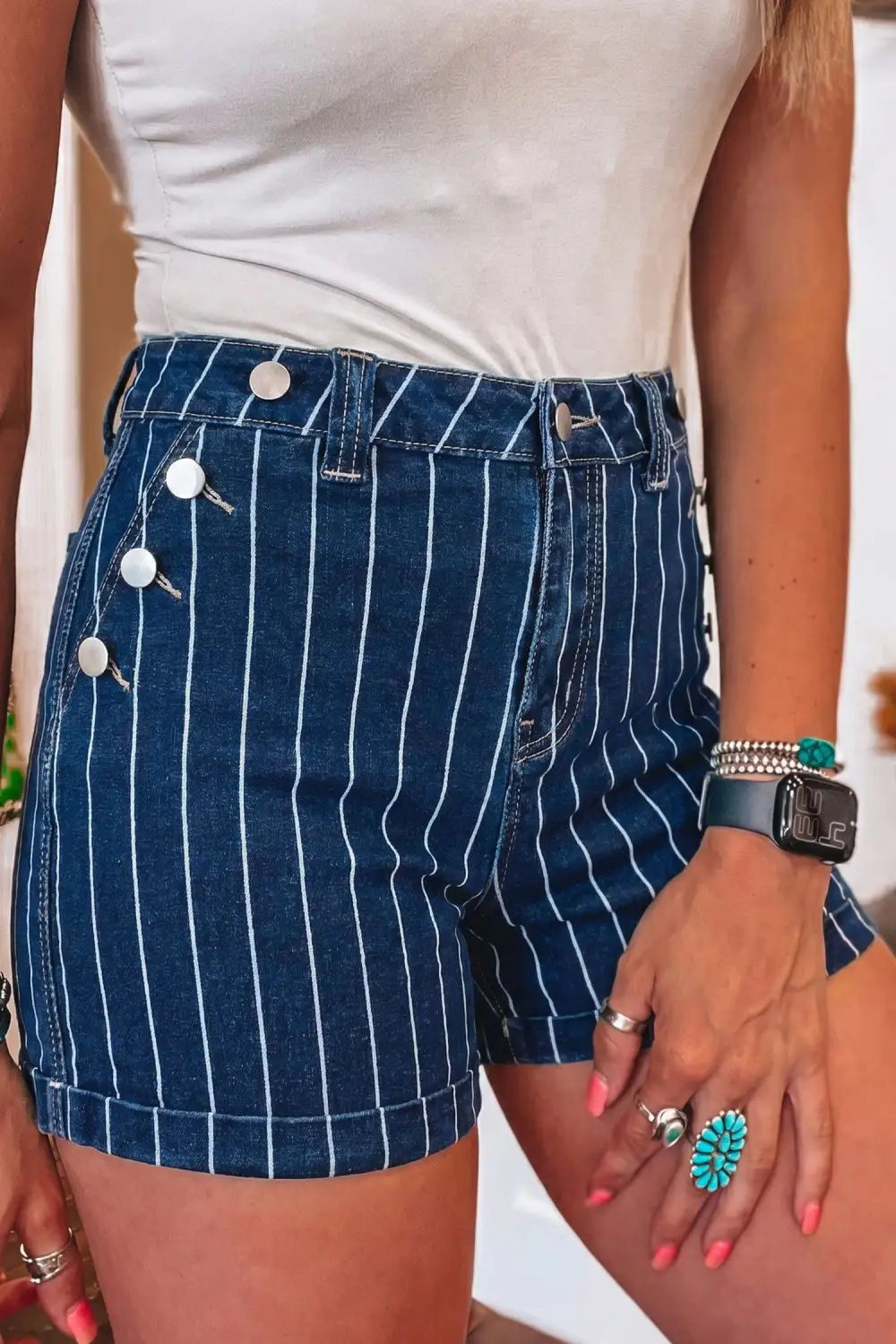 Button-Detail Striped Denim Shorts