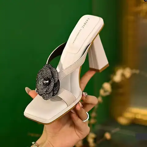 Floral Detail Block Heel Slide Sandals
