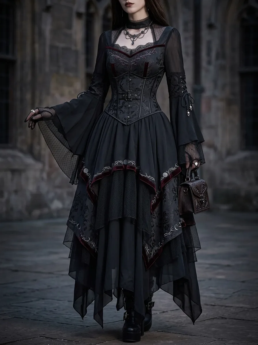Midnight Victorian Corset Lace Finish Women's Gothic Dress