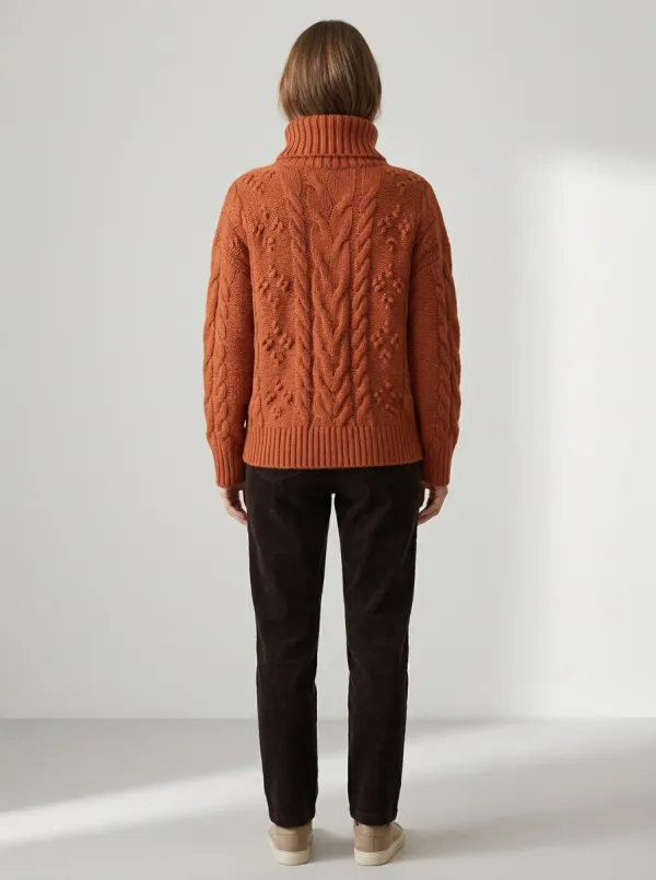 Women's Rust Orange Cable Knit Textured Turtleneck Sweater