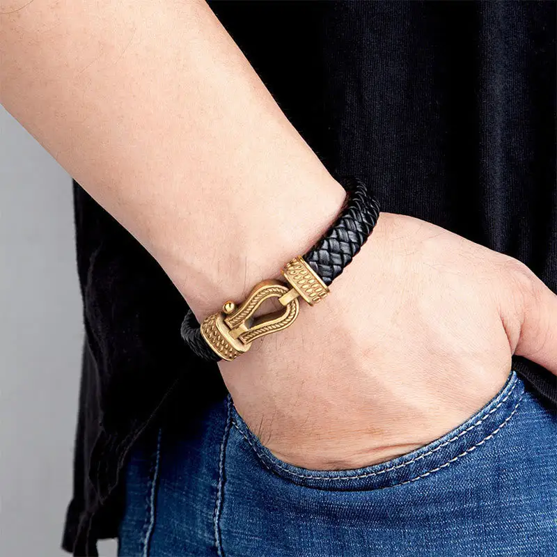 Leather Horseshoe Shaped Titanium Steel Braided Magnetic Bracelet