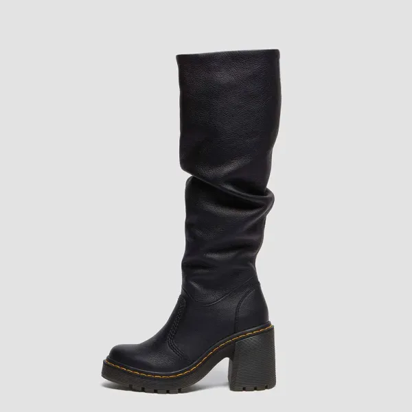 Faux-Leather Zip-Up Slouch Round-Toe Knee-High Boots