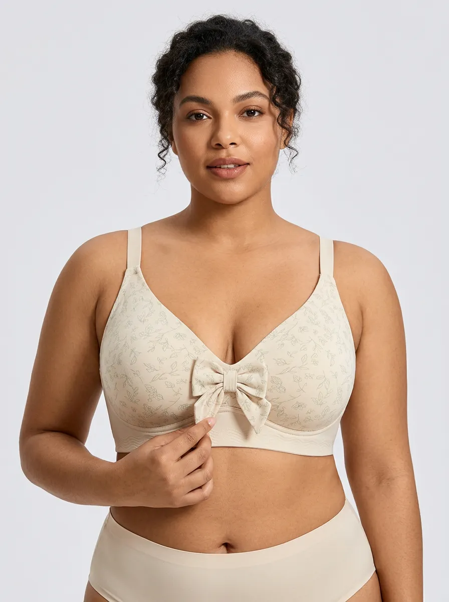 Women's Plus Size Beige Botanical Floral Bow-Detail Wireless Bralette