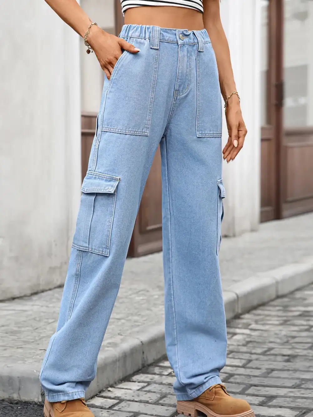 Versatile High Waist Cargo Denim Jeans