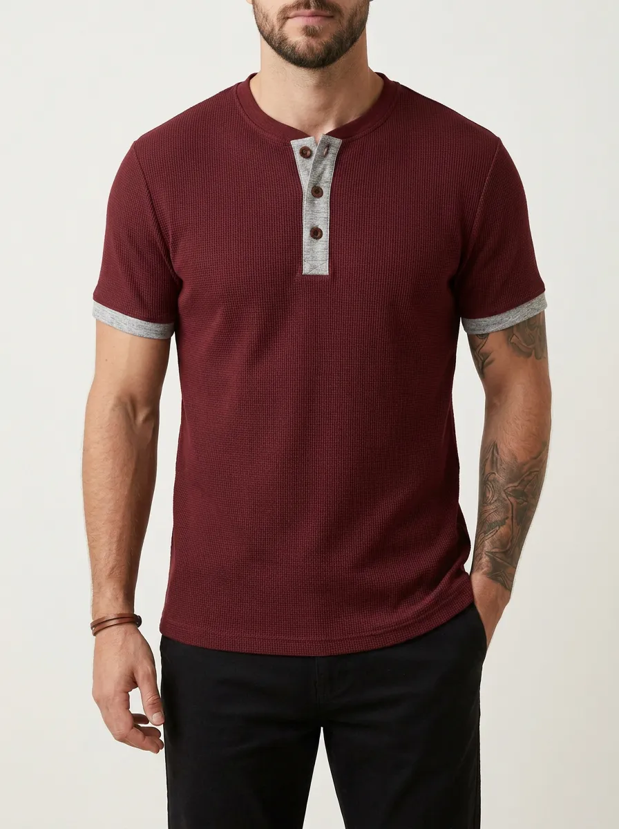 Waffle-Knit Button-Placket Contrast-Button Men's Short-Sleeve Henley Shirt