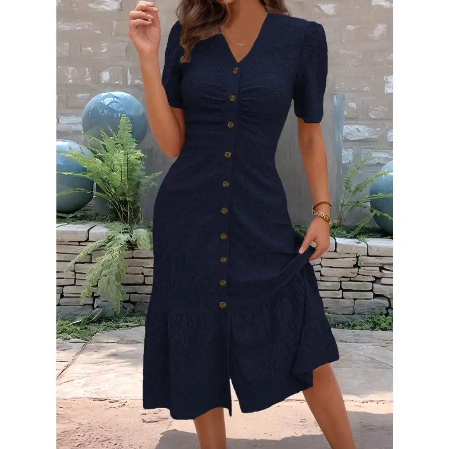 Eyelet Button Front V-Neck Midi Dress