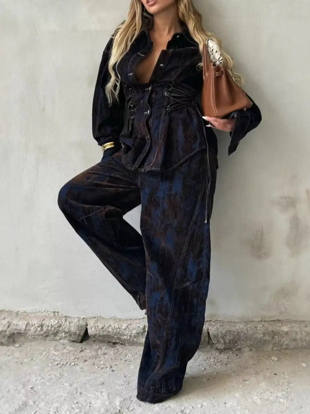 Button Lace Up Set Denim Pants
