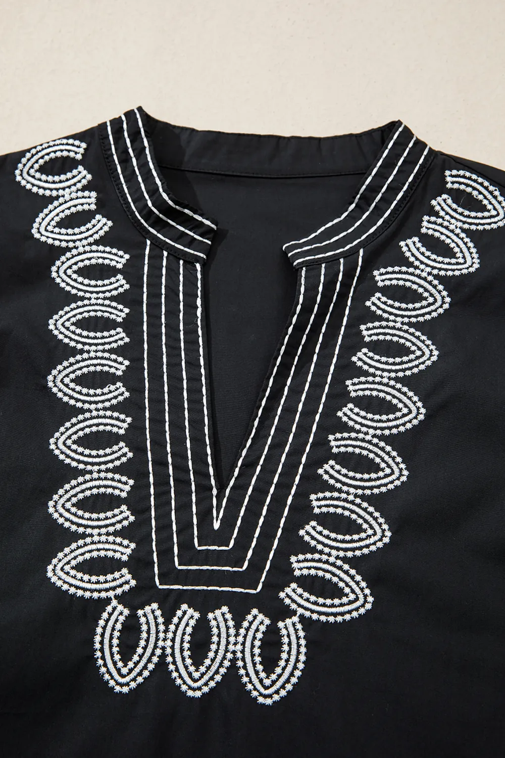 Black Short Puff Sleeve Contrast Blouse