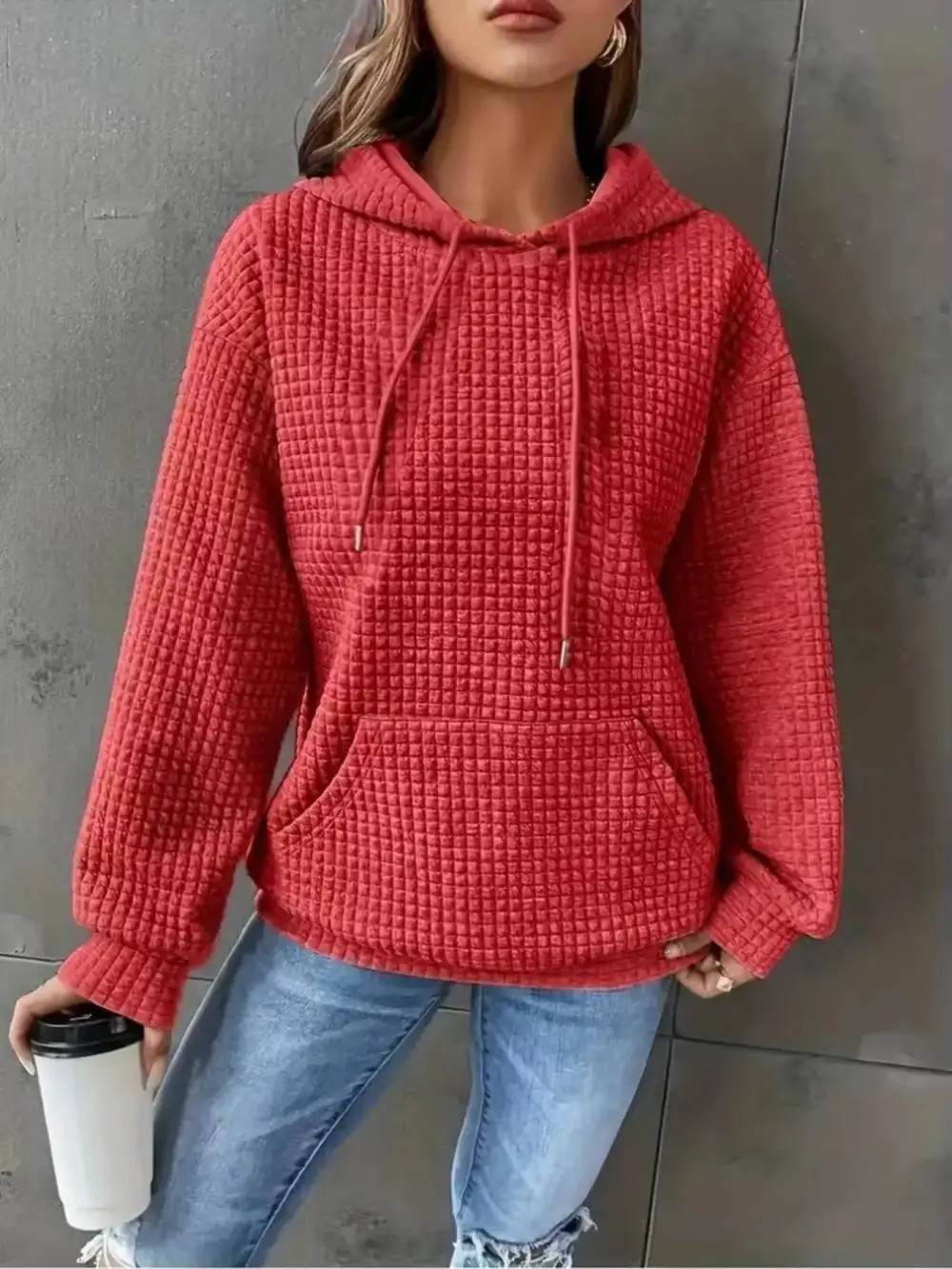 Drawstring Pocketed Textured Knit Hoodie