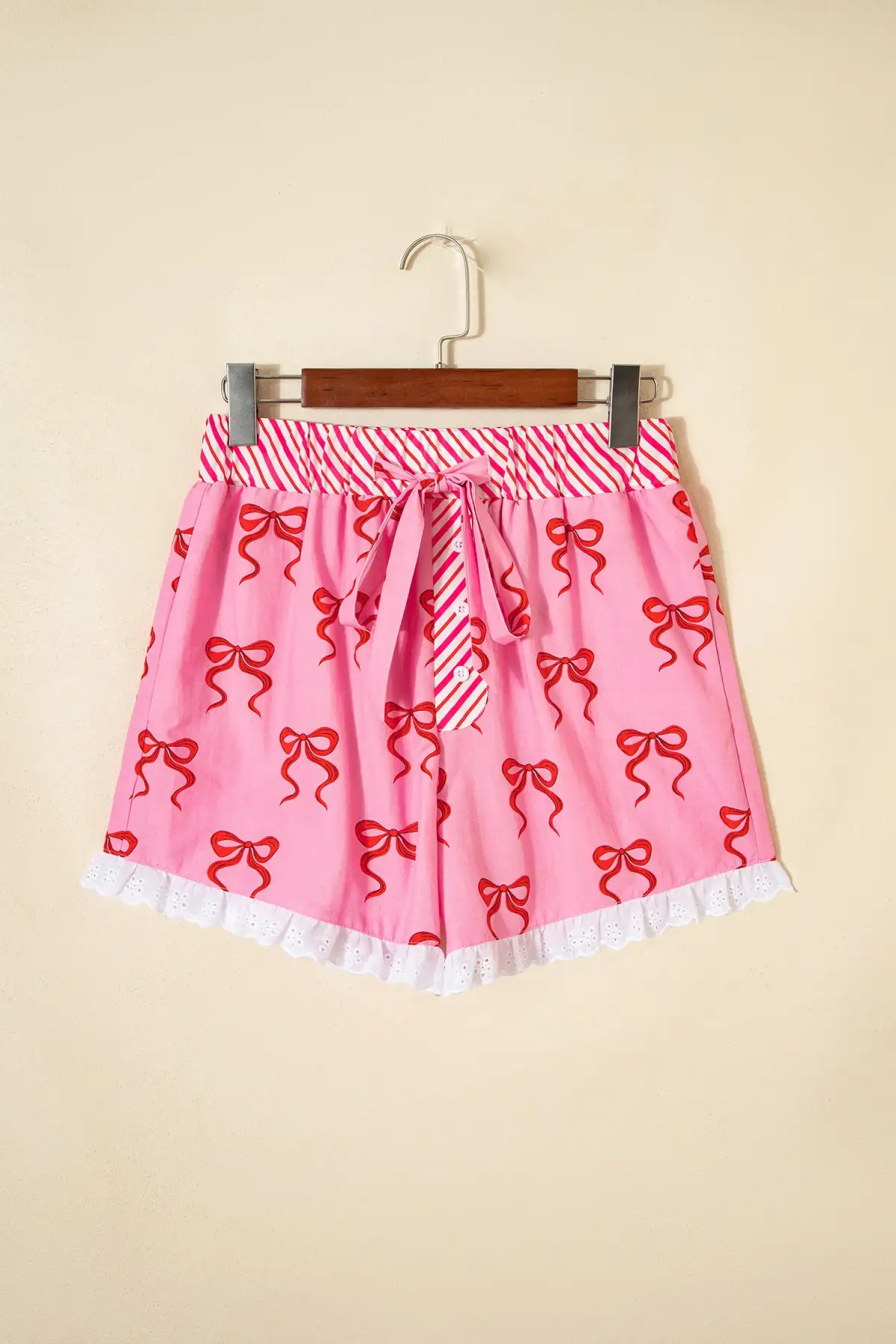 Bow Print Striped Patchwork Elastic Waist Lace Trim Loose Shorts
