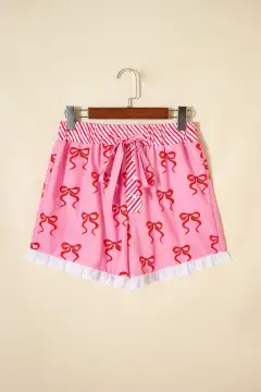 Bow Print Striped Patchwork Elastic Waist Lace Trim Loose Shorts
