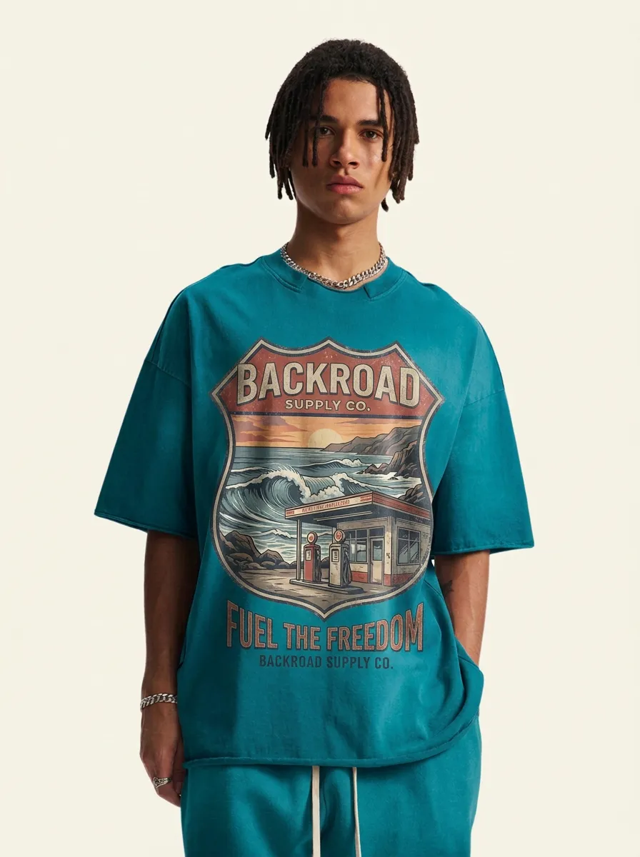 Men's Vintage Road Trip Gas Station Ocean Printed T-shirt