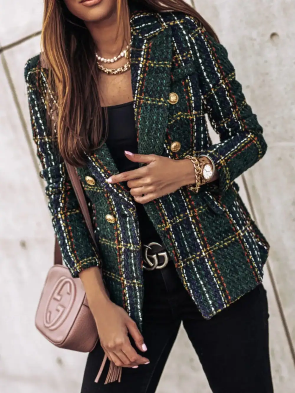 Double-Breasted Plaid Tweed Blazer