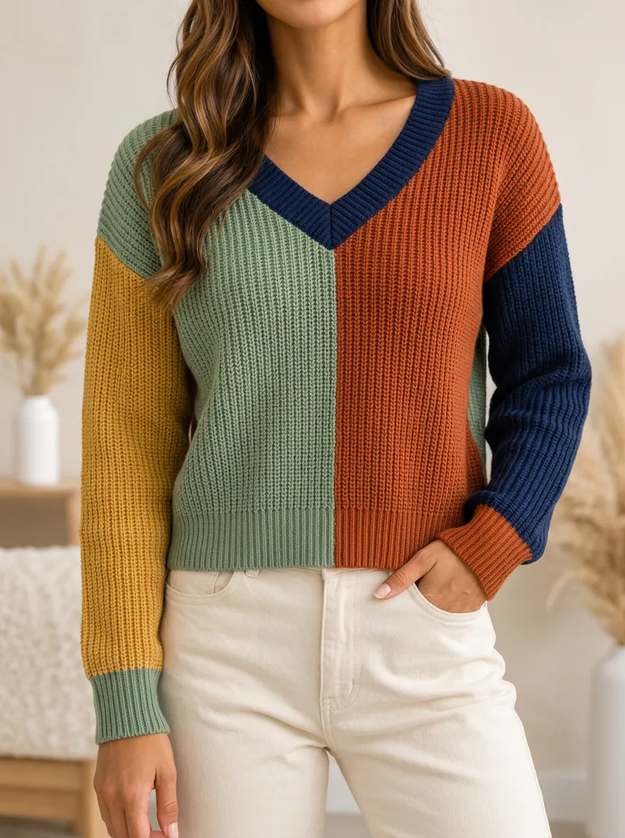 V Neck Sweater Top with Colorblock Panels and Soft Knit Texture