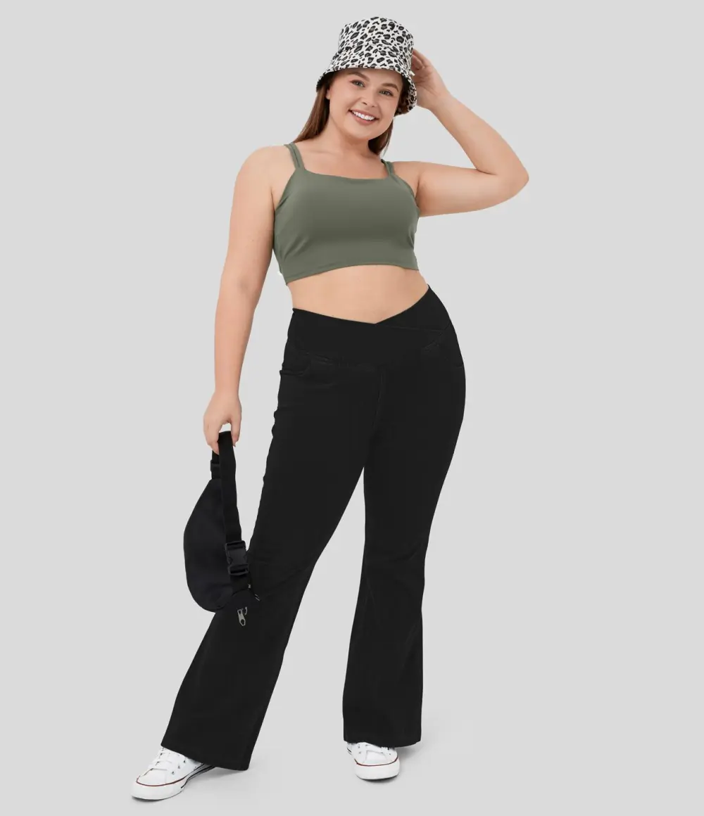 Magic High Waisted Crossover Pocket Cool Touch Breathable Washed Stretchy Knit Plus Size Casual Super Flare Jeans