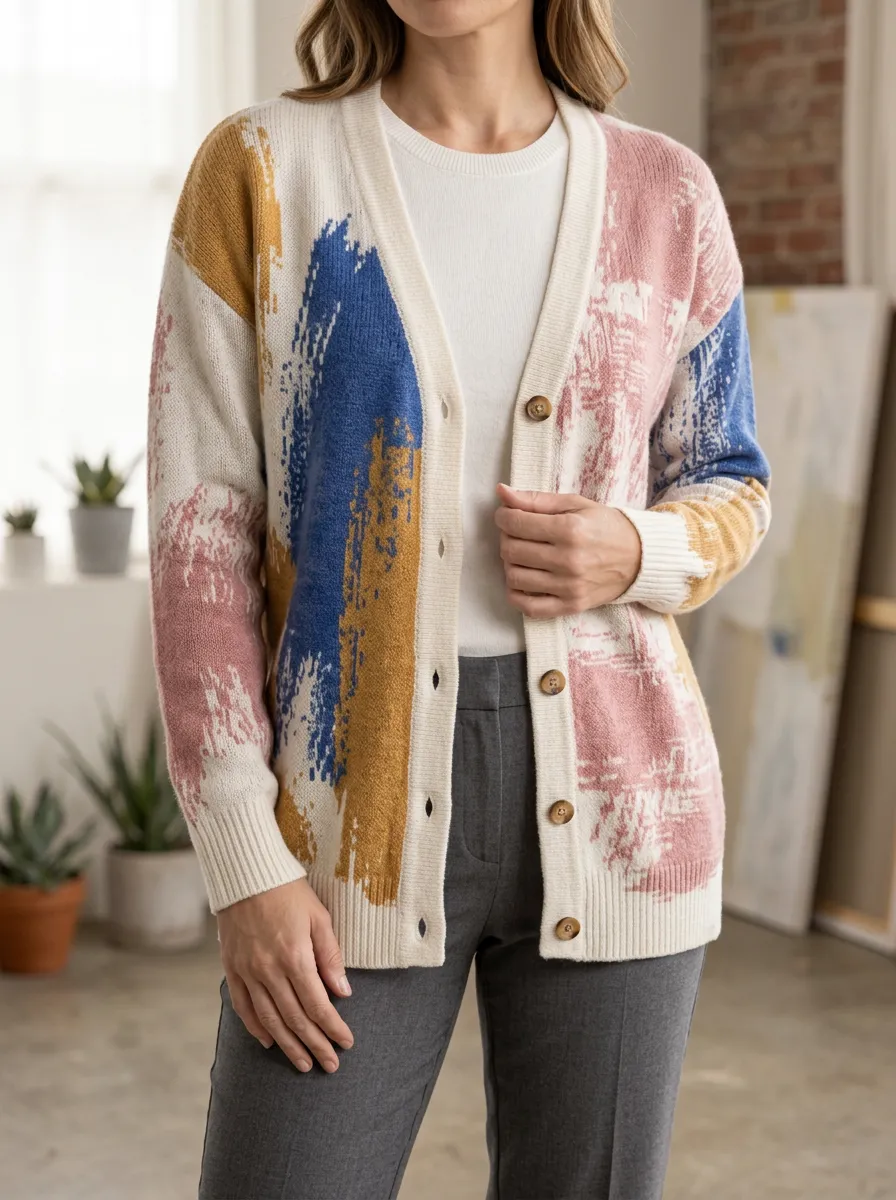 Women's Abstract Art Brushstroke Printed Long Sleeve Modern Layering Cardigan