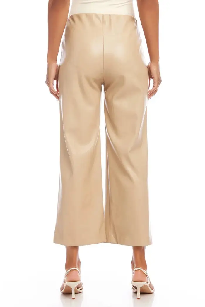 Women's Beige Faux Leather Wide Leg Pants