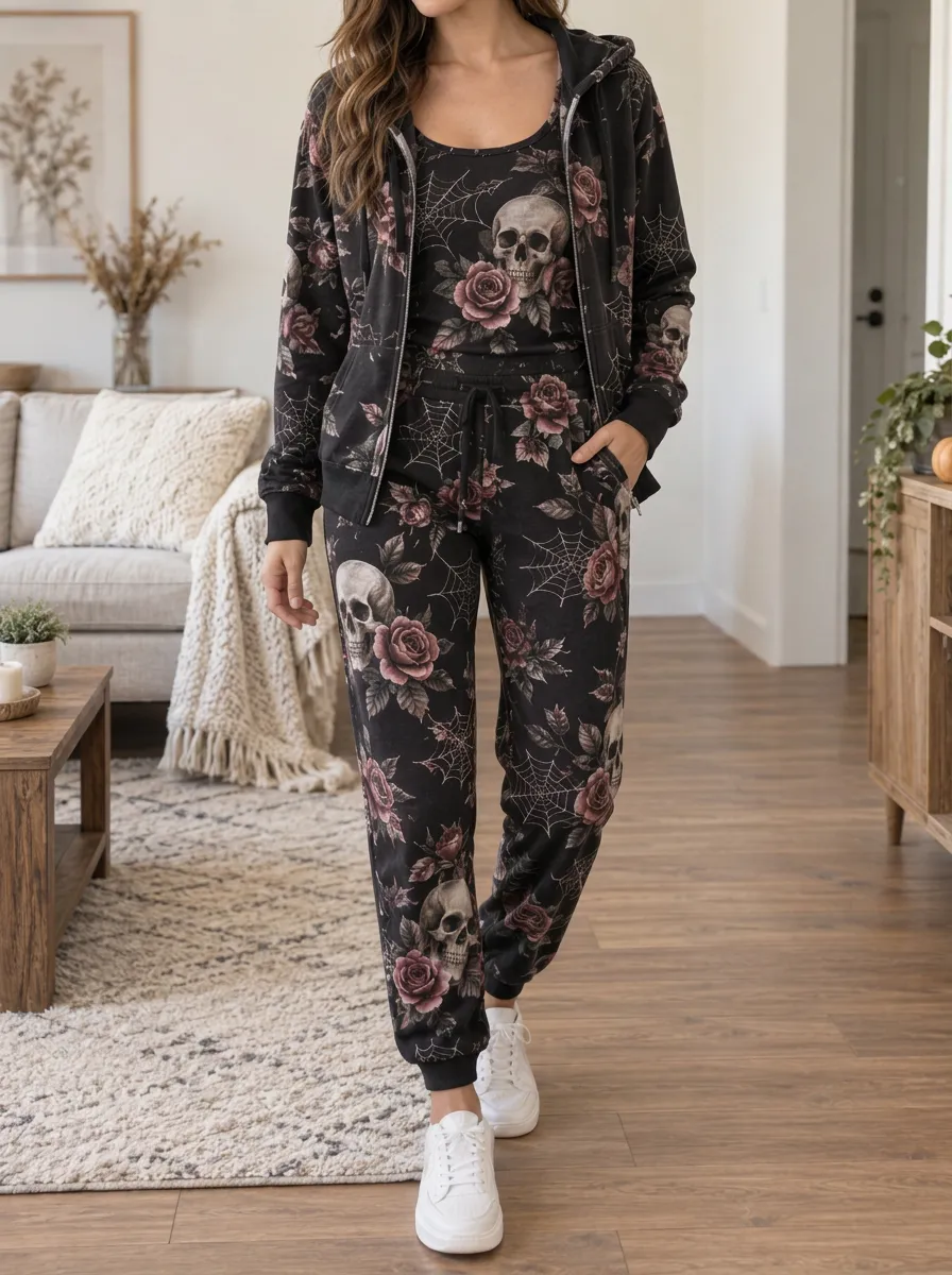 Women's Halloween Gothic Skull Rose Spiderweb Seasonal Graphic Lounge Set