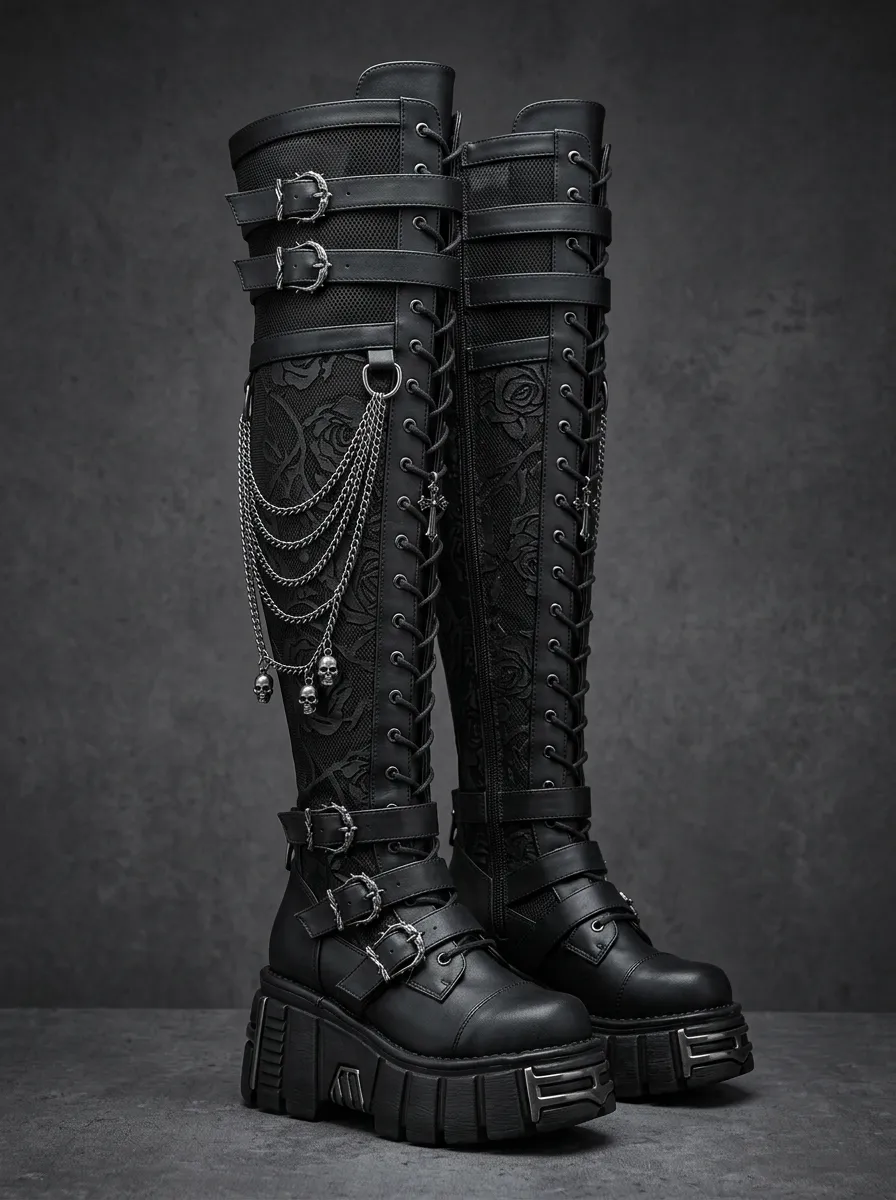 Darkwear Skull Rose Chain Style Women's Gothic Platform Boots