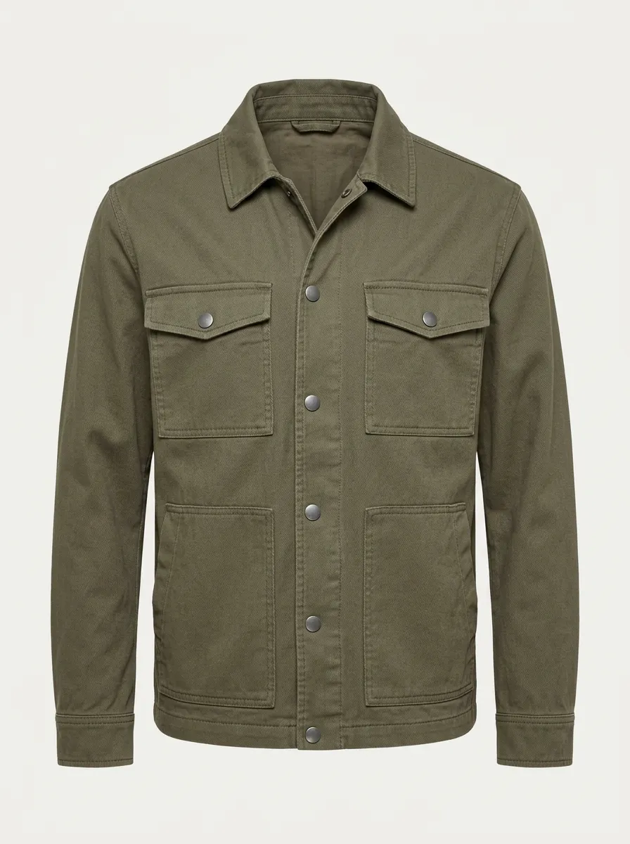 Men's Casual Military Style Olive Green Button-Up Utility Jacket