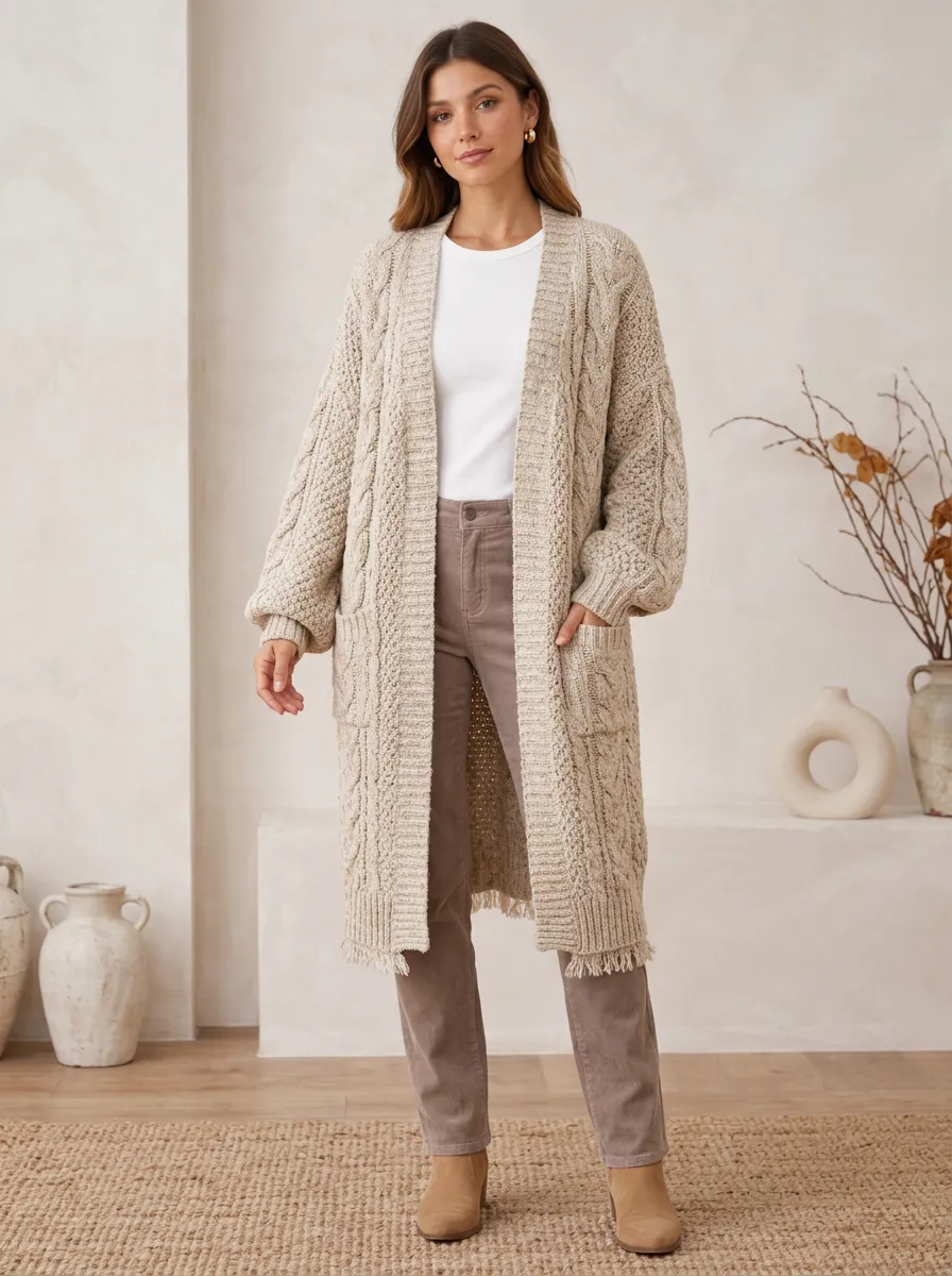 Women's Cable Knit Open-Front Cardigan Open-Front