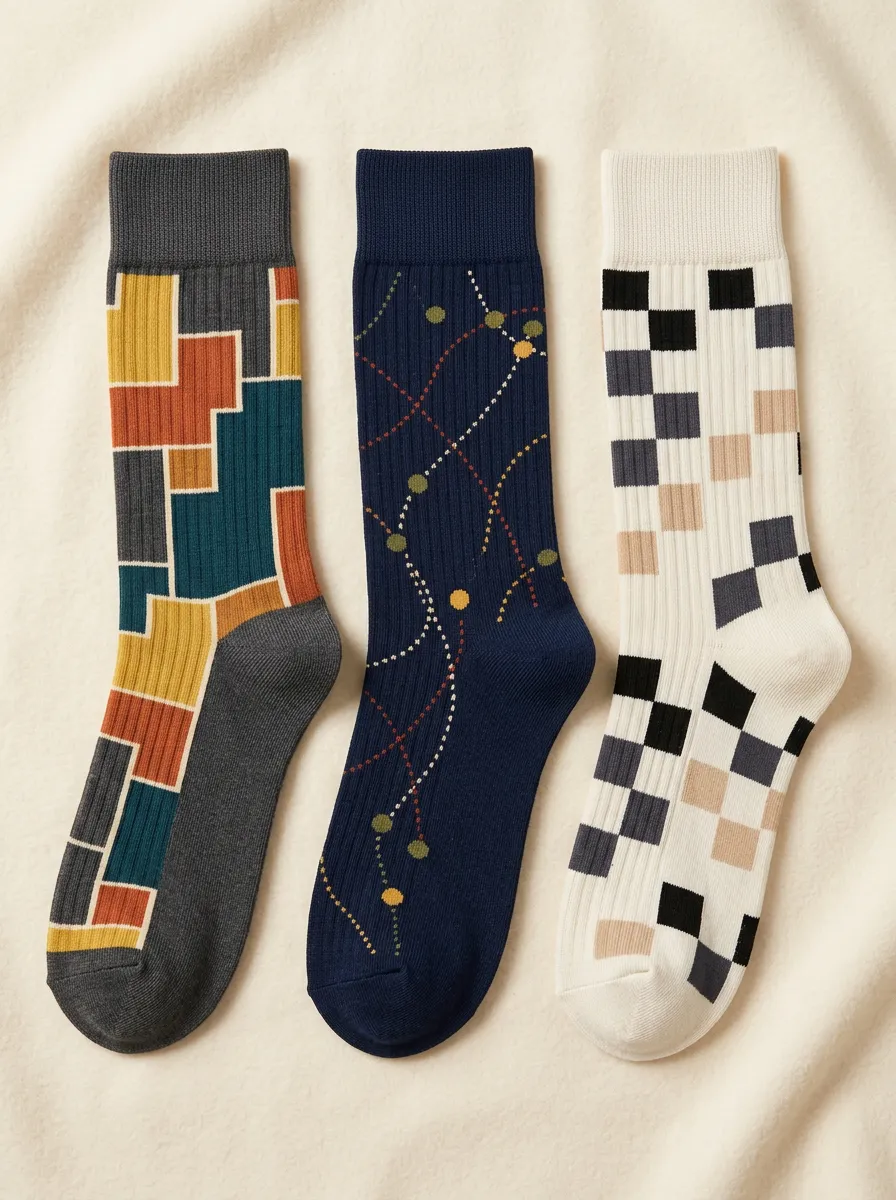 Men's Geometric Abstract Pattern Printed Three-Pack Socks Crew-Length