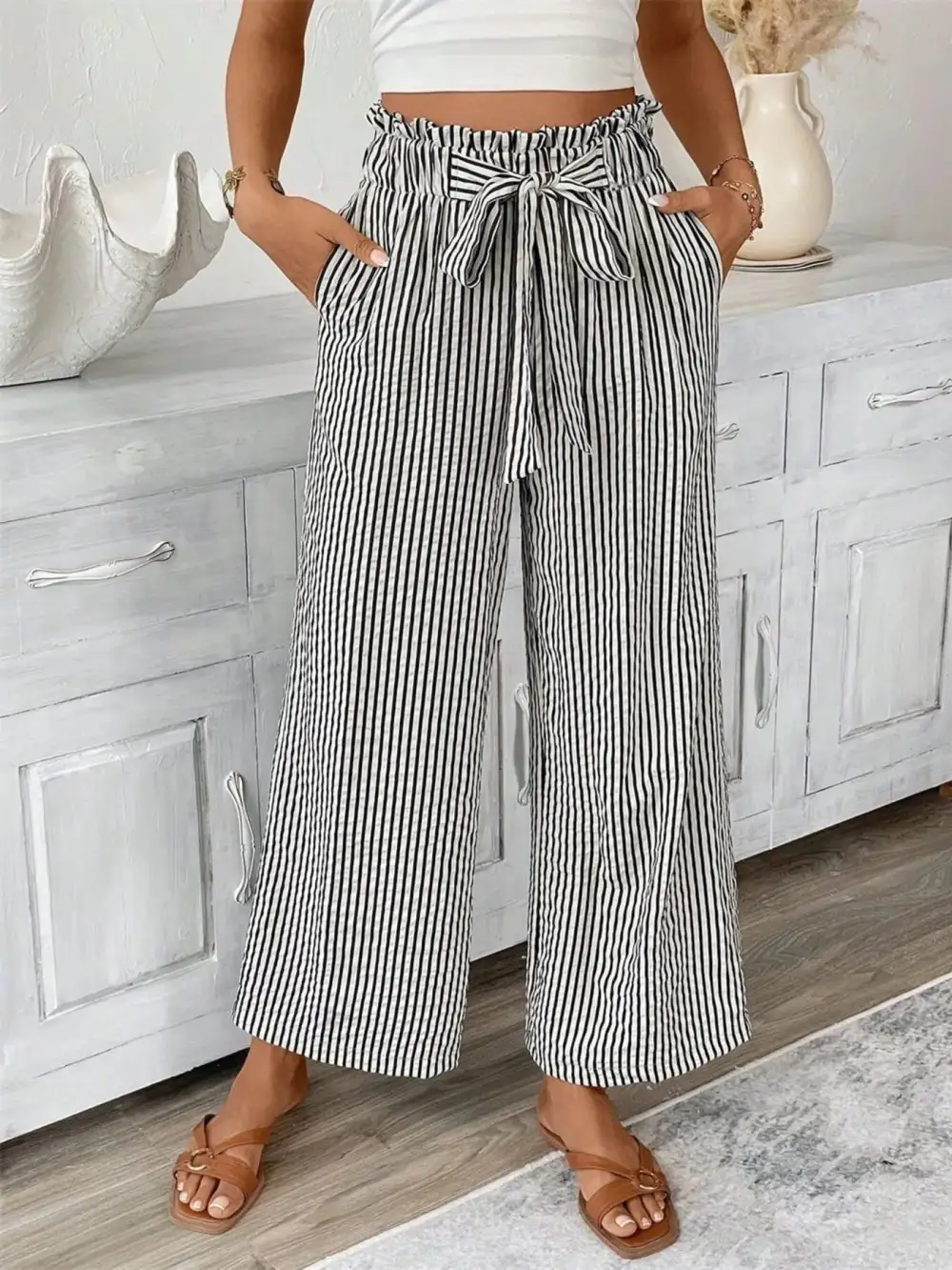 Wide Leg Paperbag Waist Striped Cropped Pants